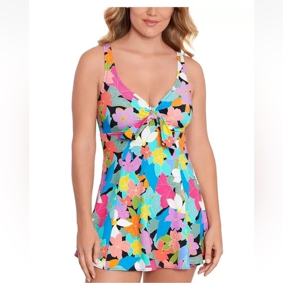 Swim Solutions Floral Frenzy Tummy Control Thigh Enhancer Swim Dress NEW - Picture 1 of 16
